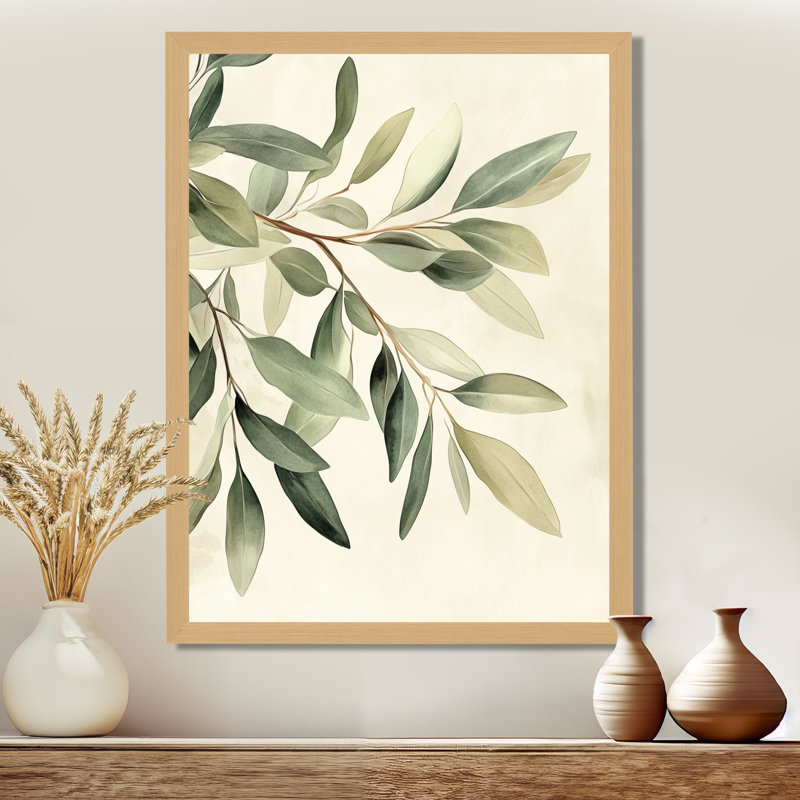 Branche d'olivier en eucalyptus doux vert ivoire IV - Tableau encadré, H 20 po x l 12 po, Natural Picture Framed