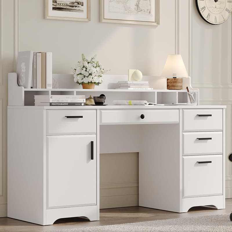 Bureau de direction blanc de 58 pouces avec bureau Storag, bureau de 58 pouces blanc avec 6 tiroirs, bureau de rangement avec rangement, bureau rustique, bureau rustique 
