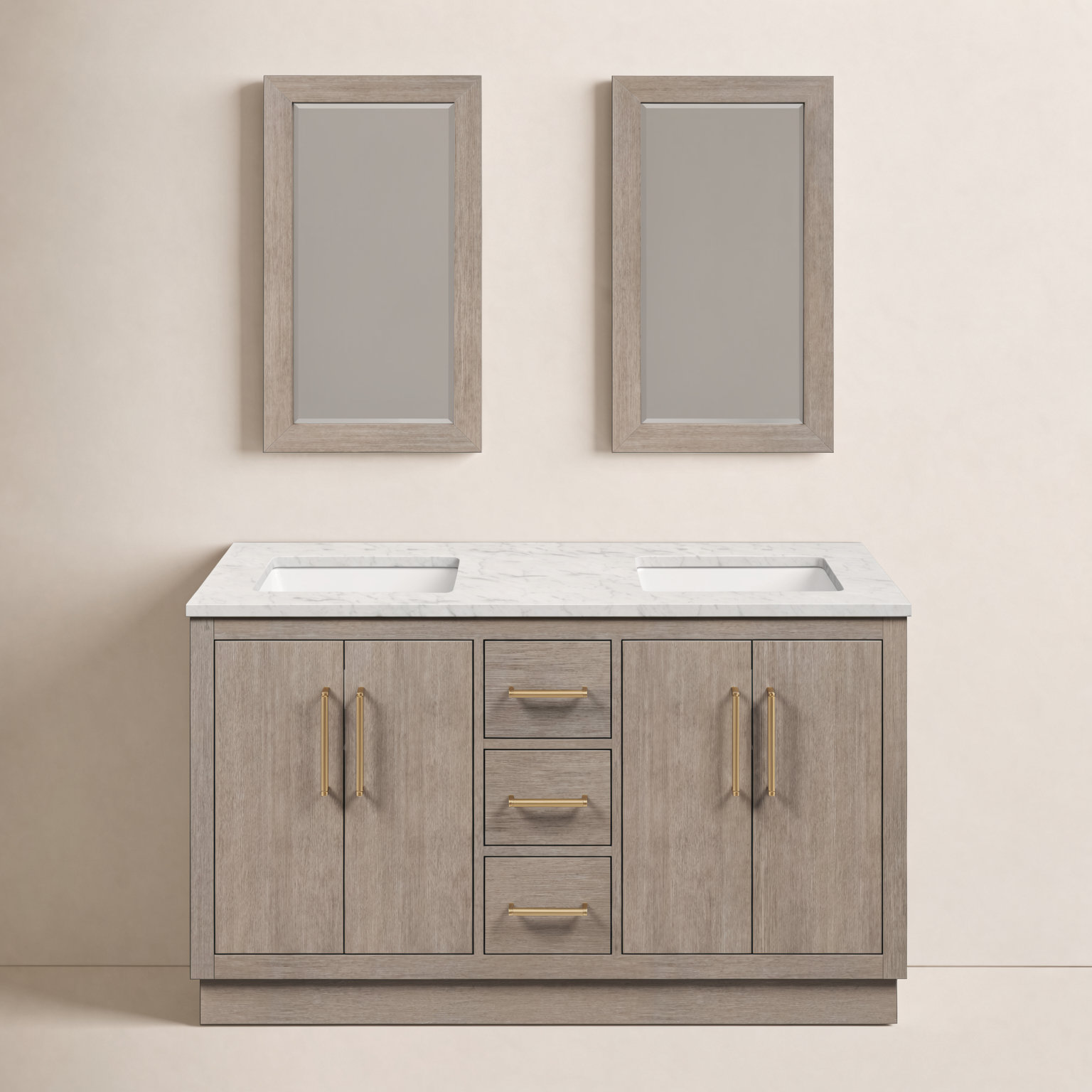 Kamila 60" Carrara Marble Double Bathroom Vanity, Satin Gold