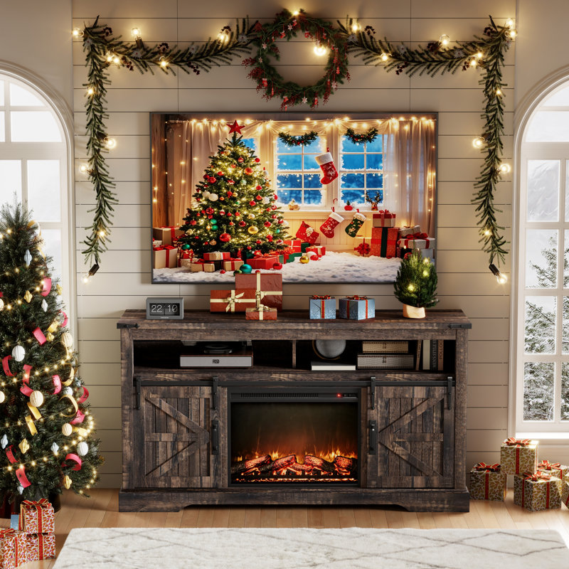 Meuble télé pour téléviseur de 70 po ou moins Farmhouse Fireplace, Rustique foncé