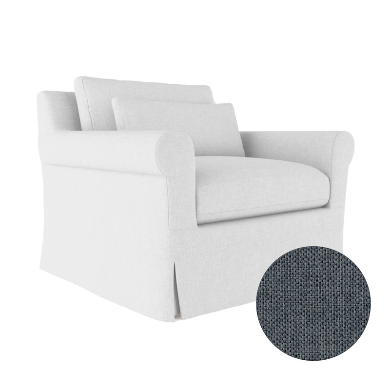Transitional Skirted Chair, Pebble Weave Linen Bluebell, 34" H x 40" W x 38" D, Dark Brown