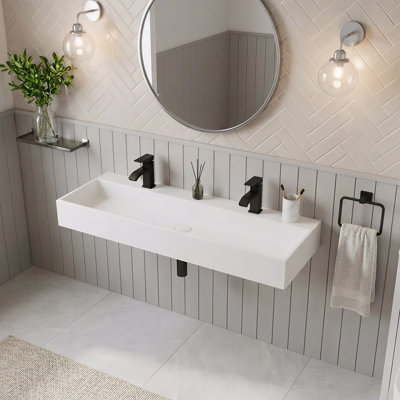 48'' Wall Mounted Bathroom Sink Solid Surface Rectangular Vessel Sink With Faucet Hole