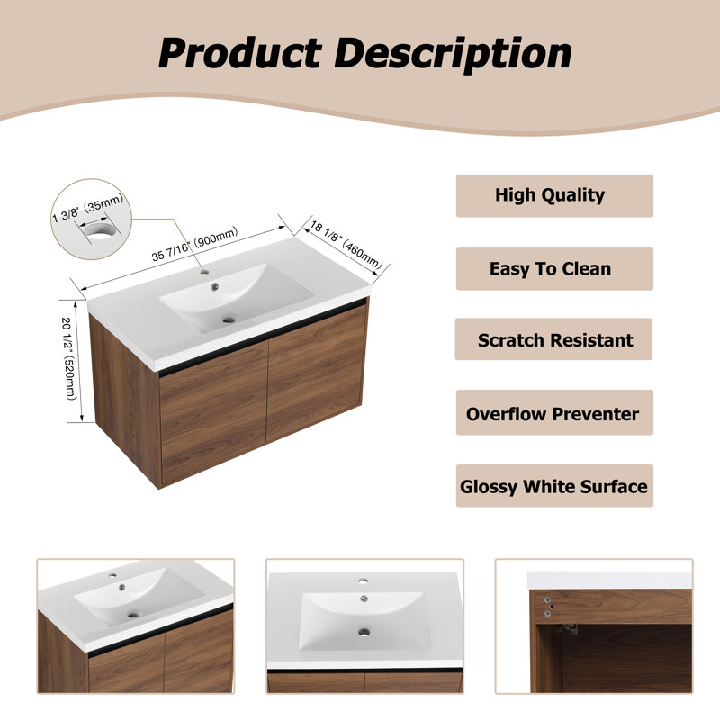 Keriss 36 " W Free Standing Wall Mounted 1 Single Vanity Bathroom Vanity With Resin Top