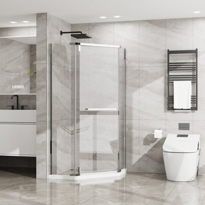 Goodyo Neo-Angle Frameless Shower Door 36 In.D X 36 In.W X 72 In.H Corner Shower Enclosure With Clear SGCC Tempered Glass Pivot Shower Door In Matte Black Finish
