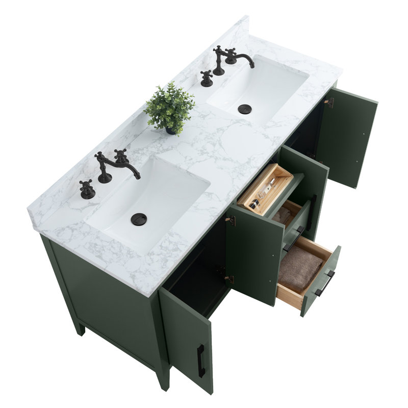 60" Double Bathroom Vanity Set, Matte Black, Vintage Green