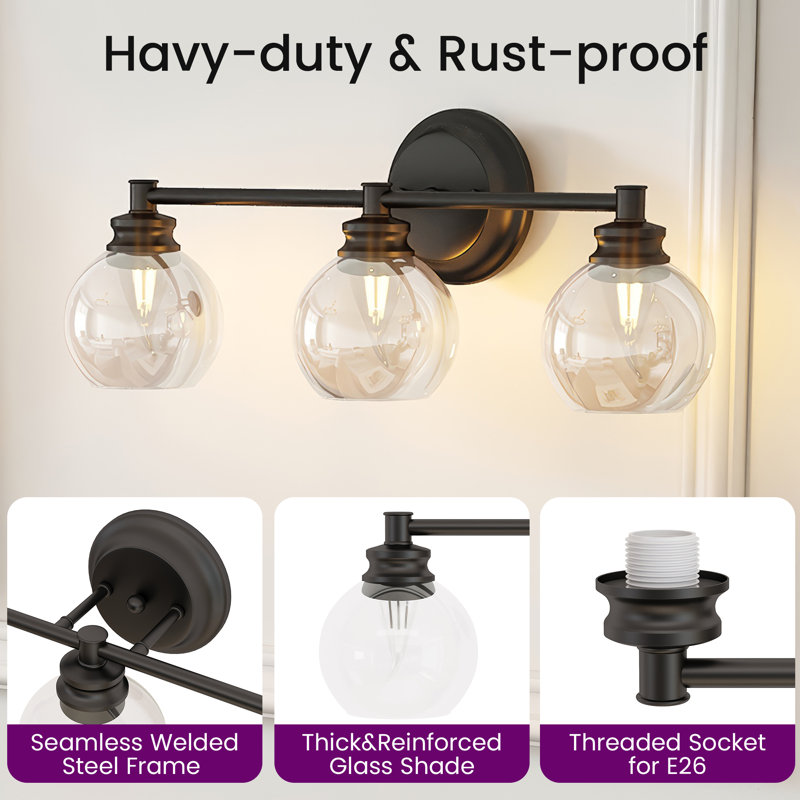 3-Light Dimmable Bathroom Vanity Light, Modern Light Fixtures with  with Clear Glass Shades (3 B11 Bulbs Included), Black
