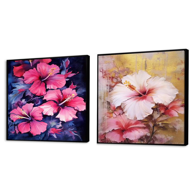 Beauté tropicale Hibiscus Beauté III - Hibiscus carré, ensemble de 2 collages, Cadre flottant noir, H 30 po x l 61 po
