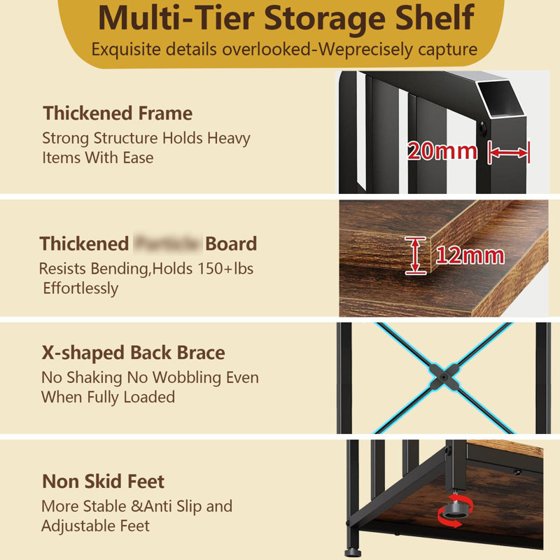 Mini Fridge Stand with Storage Shelves, 3 Tier Wooden Kitchen Bakers Rack, Freestanding Utility Microwave Stand, Coffee Bar Table for Dorm Kitchen
