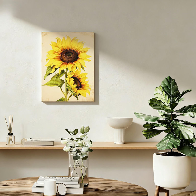 Tournesol, art mural sur toile, tournesol rétro, floral jaune, cadre en bois massif, 16 po x 24 po