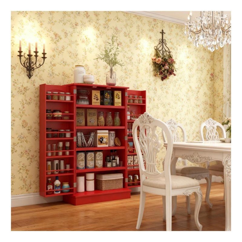 Armoire de cuisine rouge avec tablettes réglables