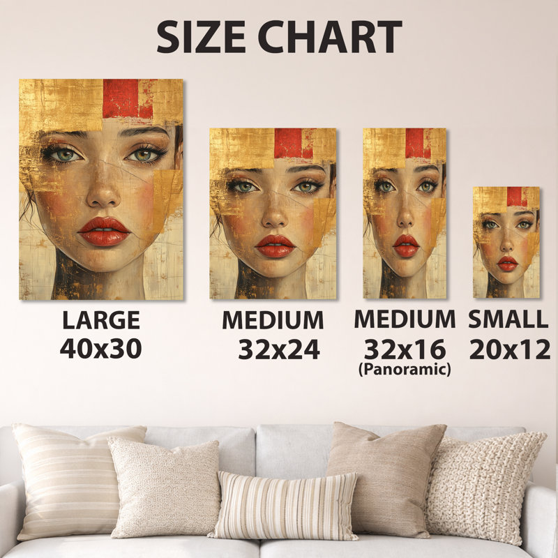 Portrait au regard doré - Décoration murale élégante pour femme, imprimée sur métal, H 20 po x l 12 po