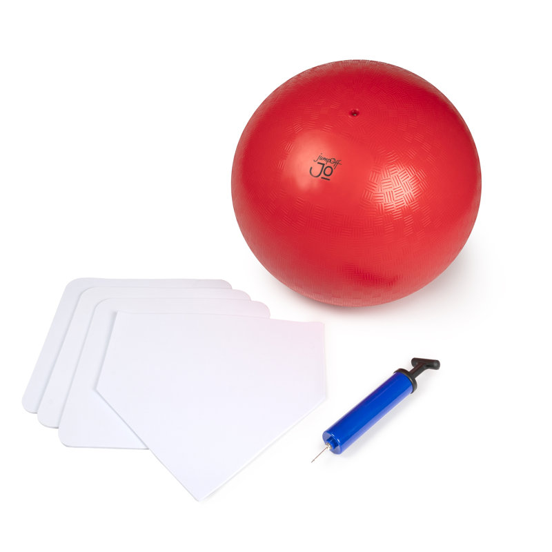 JumpOff Jo - Ensemble de Kickball de qualité supérieure - Surdimensionné coup de pied de 15 pouces durable, bases de baseball, pompe à balles et 2 aiguilles, équipement de terrain de jeu pour les jeux dans la cour et les activités de plein air