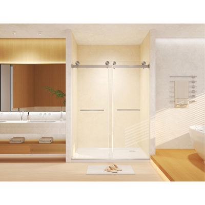 Frameless Double Sliding Shower Door 56-60 "W x 74" H, 5/16 "(8mm) Tempered Glass, Explosion Proof Film, Stainless Steel Handle, Square Tube Track,Brushed Nickel