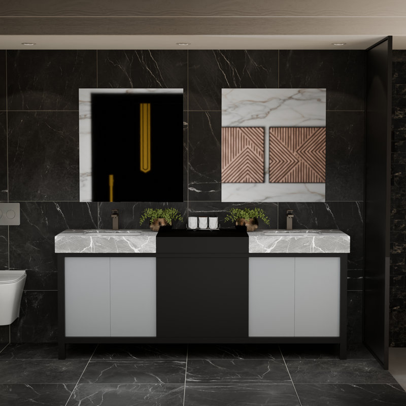 Armoire de salle de bain 80 po Lexora Zilara en noir et gris avec plateau et miroir
