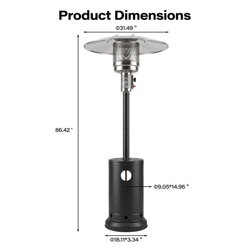 Chauffe-terrasse au propane 50000 BTU avec roues, système de protection de sécurité double, Noir