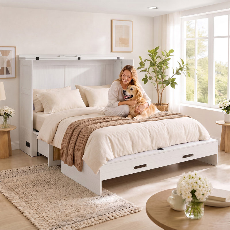 Lit escamotable en rotin avec tiroirs de rangement, station de charge et matelas, blanc, Blanc