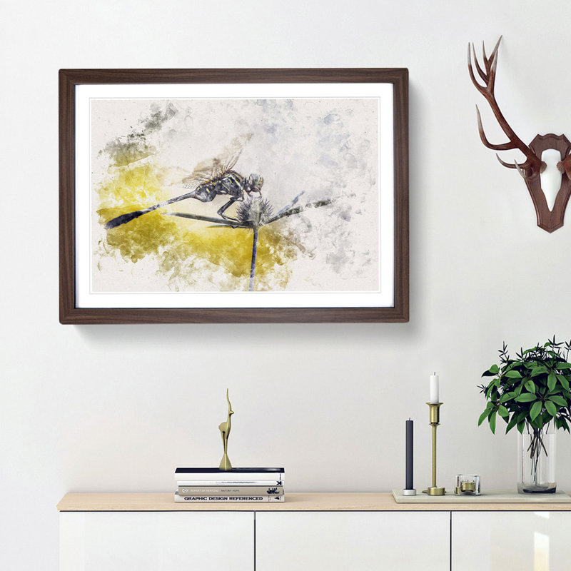 Dragonfly Upon A Thistle - Single Picture Frame Painting on MDF, Walnut Framed, 45cm H x 63cm W x 2cm D