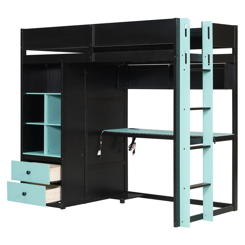 Lits mezzanine jumeaux avec rangement, bois MDF pin, bureau moderne et multifonctionnel, Noir 2
