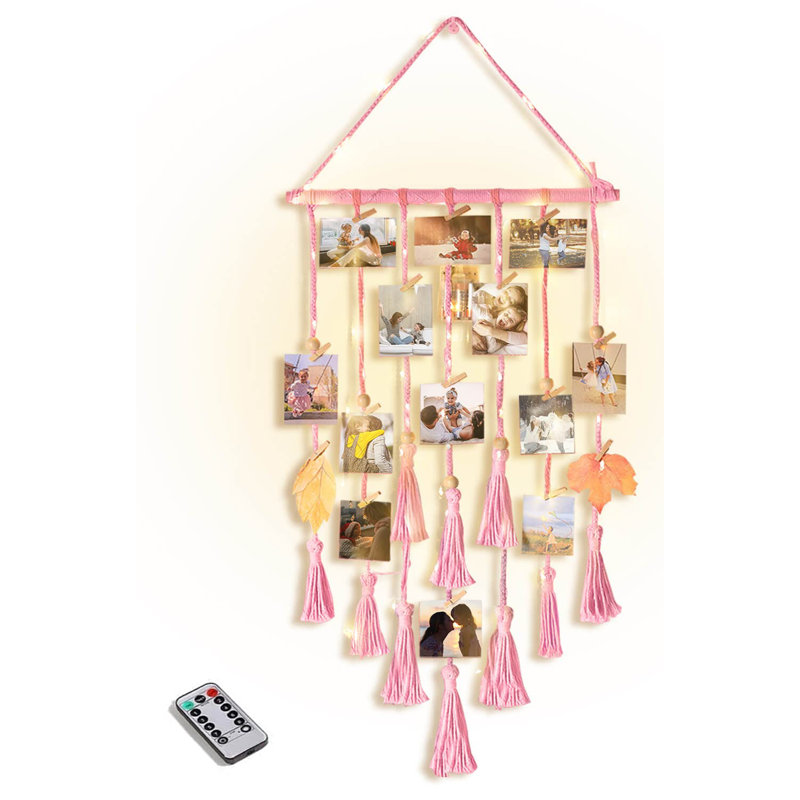 Macrame Photo Display Wall Decor with Lights, 30 Clip Picture Frame Collage, Pink