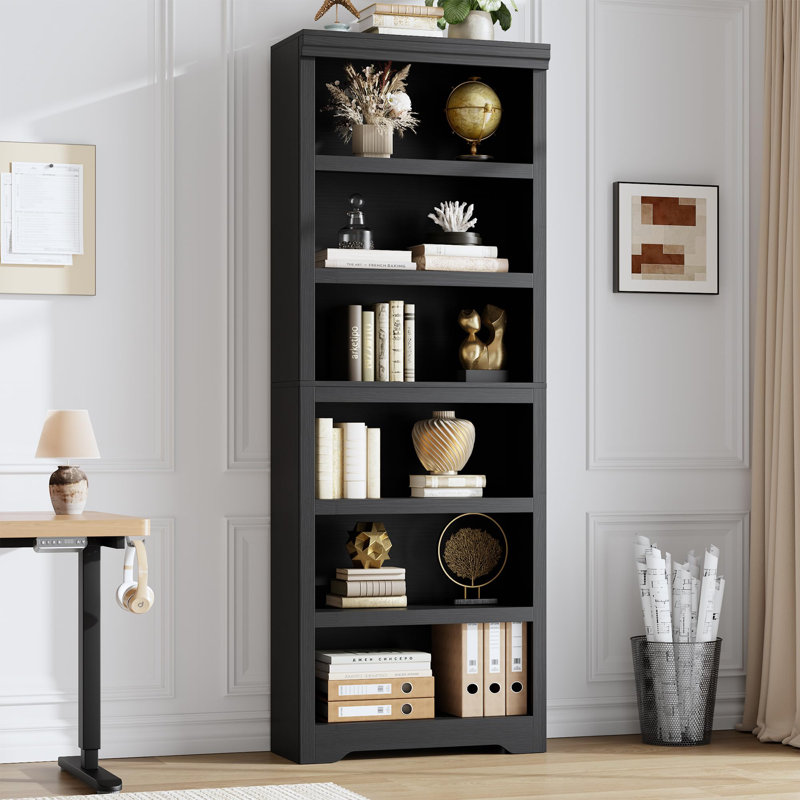 23.6" W Farmhouse Bookcase with Adjustable Shelves, Rustic Floor Standing Open Display Storage Rack, Anti-Slip Bookshelf for Home Office, Living Room & Study-Black，6-Tier