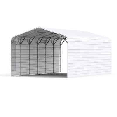Heavy - Duty 20Ft X 30Ft Metal Shelter For Long Term Storage, 13Ft Peak, 14 Gauge Galvanized, 26 Sheet, Cream Color, 6" " Concrete Fixings, 15 20 Year Service Carport Equipment Protection, Peak Roof,