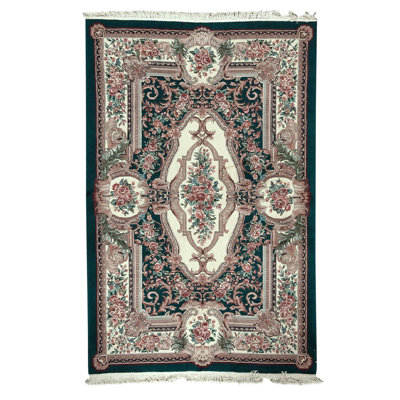 Tapis vert / rouge / ivoire en laine noué à la main de conception unique 5 pi 9 po x 8 pi 9 po