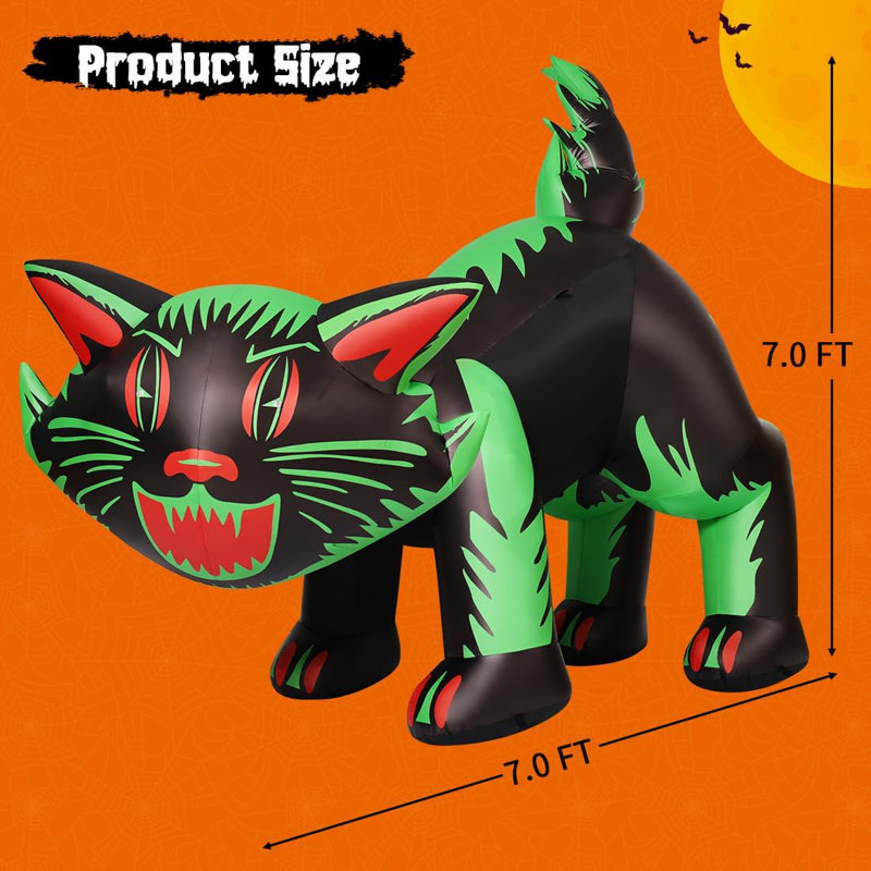 Halloween Inflatable 7ft Green Cat with Shakable Head Scary Halloween Blow up Cat with Built-in LEDs