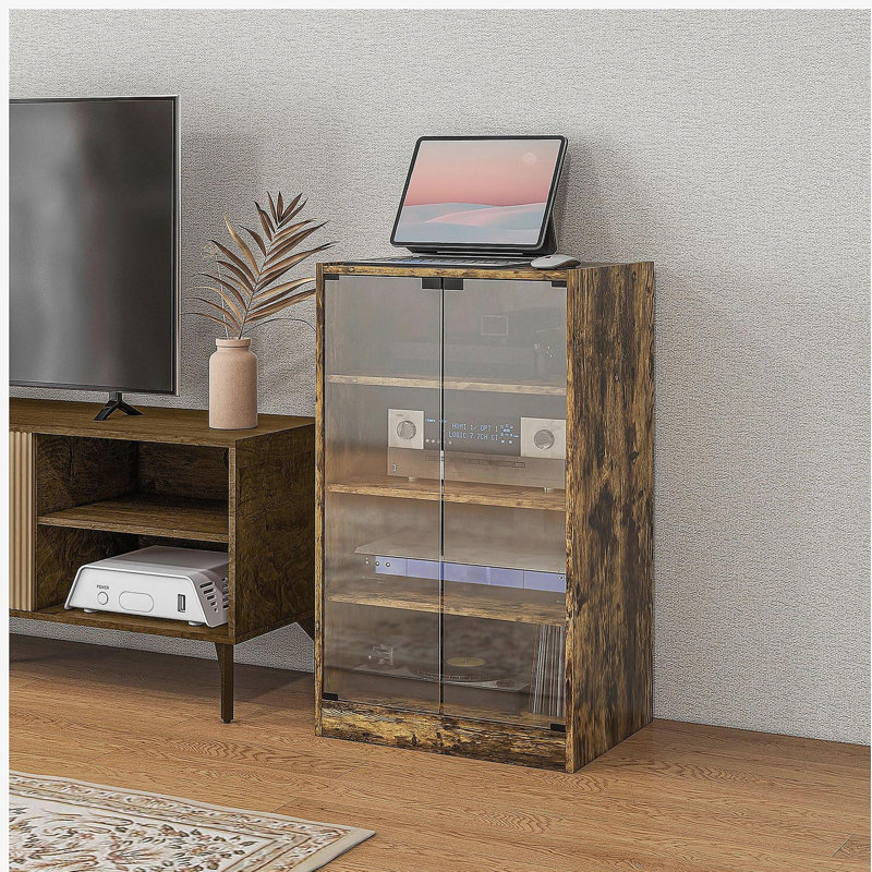 Armoire multimédia HOMcom, armoire stéréo à 4 niveaux, meuble audio-vidéo moderne avec tablettes réglables, portes en verre trempé et gestion des câbles, brun rustique