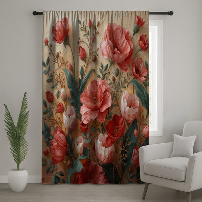 Rideaux rouges, roses et pivoines, 1 panneau