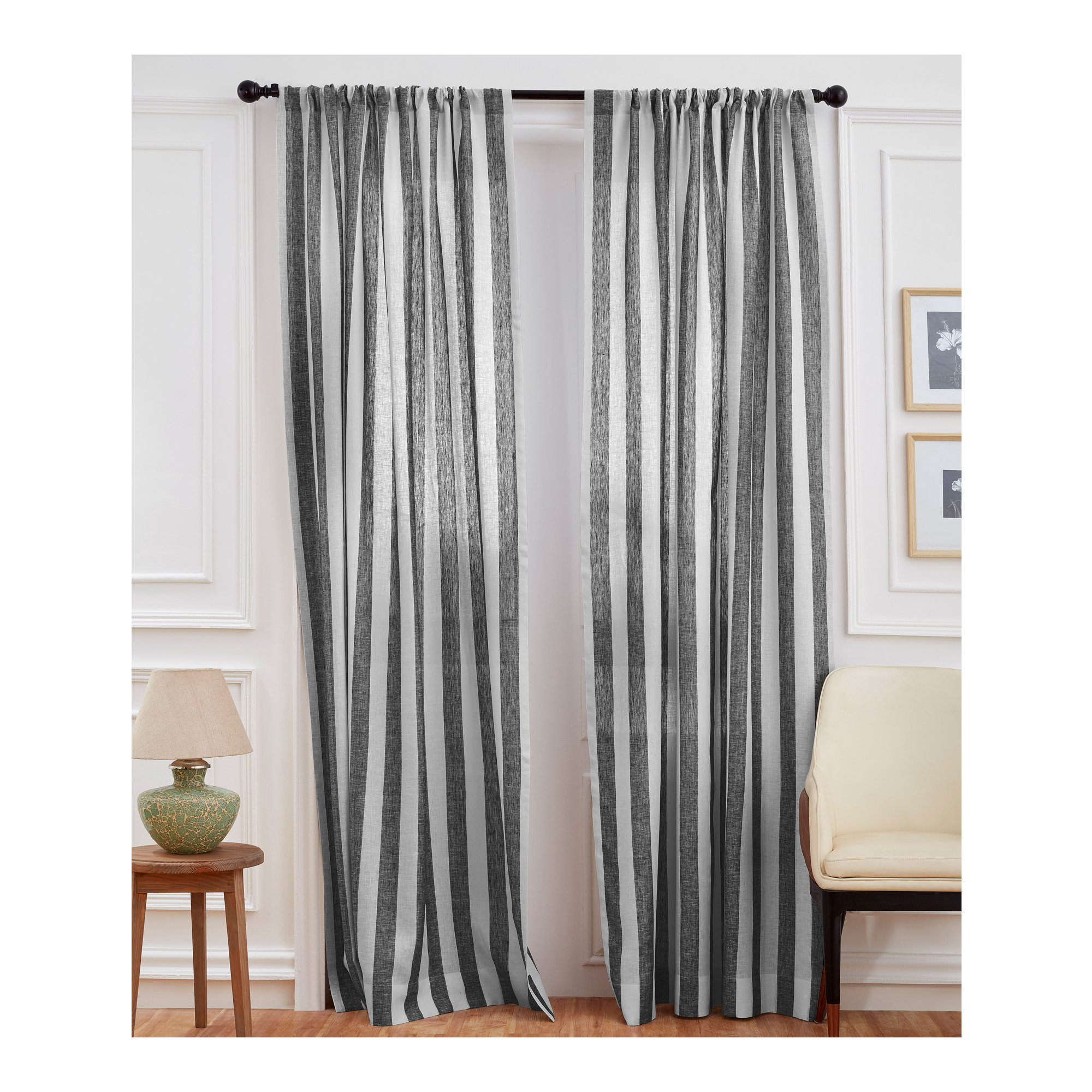  Stripe - 100% Pure Linen Curtain, Black and White, 52" W x 108" L