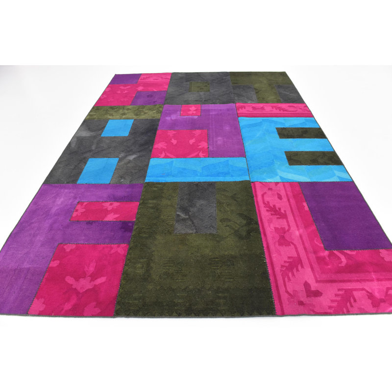 Tapis intérieur en laine rose/vert 7 pi 3 po x 10 pi one-of-kind à la main noué la new age Morecambe