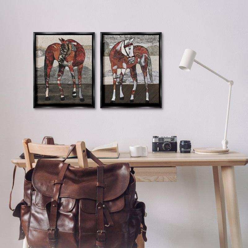 «Abstract Patchwork Horses», ensemble de 2 toiles flottantes encadrées par Coco Good, H 21 po x l 17 po