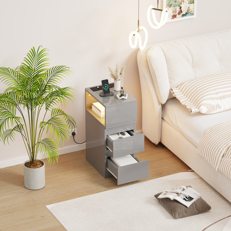 35cm W Solid Wood Bedside Table, High gloss grey 2 drawers