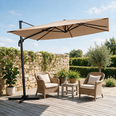 Parasol rectangulaire déporté en aluminium de 3 x 3 m (10 x 10 pi) avec rotation à 360° et inclinaison réglable en continu pour terrasse, patio et jardin.