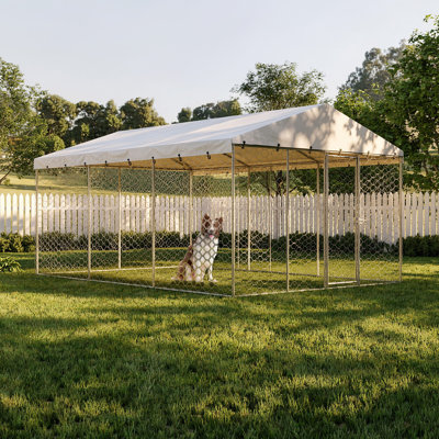 15x10 FT Large Outdoor Dog Kennel with Canopy, Heavy Duty Galvanized Steel Frame, Waterproof Cover, All-Weather Protection, Escape-Proof Lockable Pet Playpen for Large Dogs, Multiple Animals.