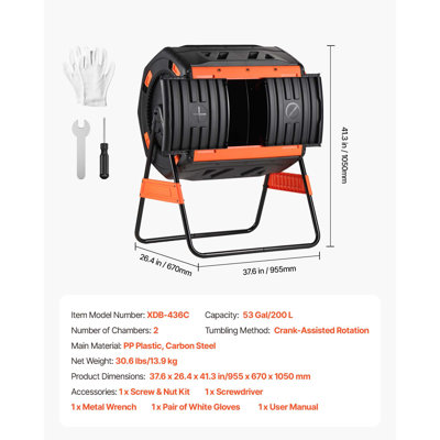 Gobelet à compost, composteur culbuteur extérieur à double chambre de 53 gallons avec 2 portes coulissantes et système d'aération, grand bac de compostage rotatif pour l'extérieur, le jardin, la cuisine et les déchets de jardin