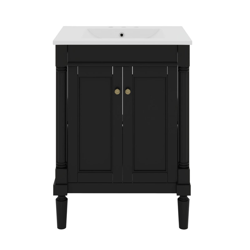Meuble-lavabo 24 po avec lavabo supérieur, meuble de rangement moderne à 2 niveaux, Noir