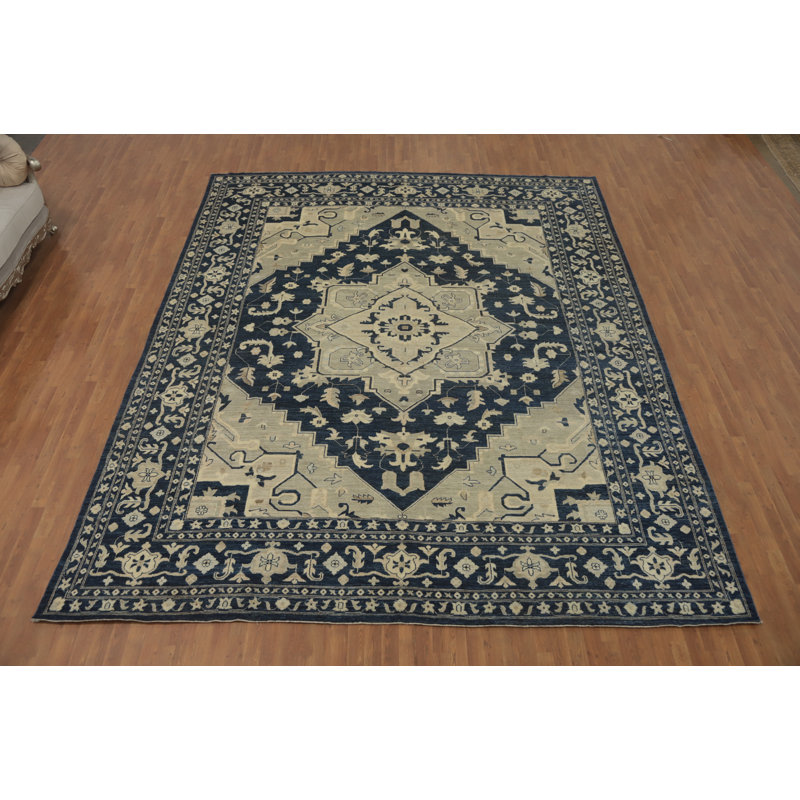 Tapis turc bleu à motif géométrique grand Oushak 12 x 15