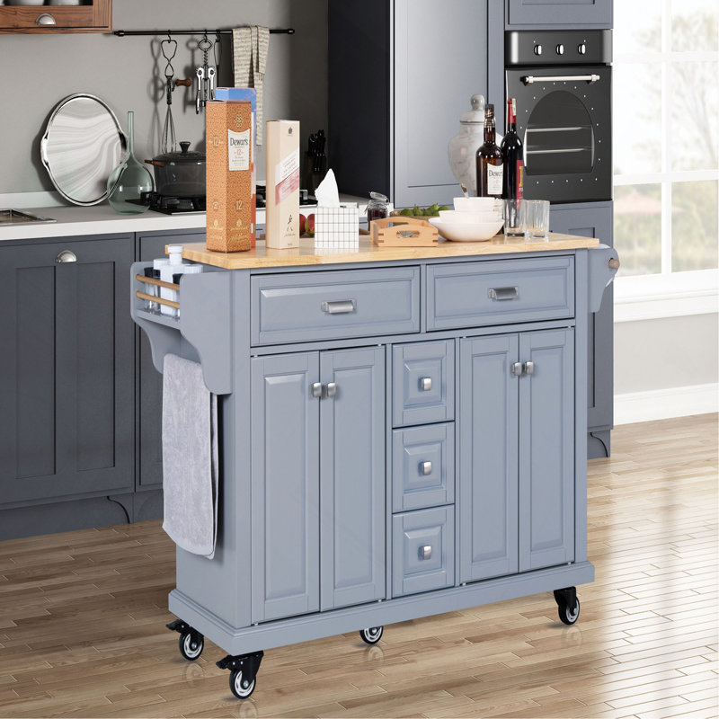 Îlot de cuisine avec comptoir en bois d'hévéa, chariot de cuisine sur 5 roulettes avec armoire de rangement et 5 tiroirs pour la salle à manger