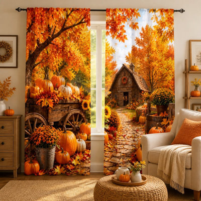 2Pcs Autumn Farmhouse Curtains, Fall Harvest Pumpkin Barn Scene Print Modern Light Filtering Curtain For Living Room Bedroom Kitchen Rod Pocket Window Drapes, Decor