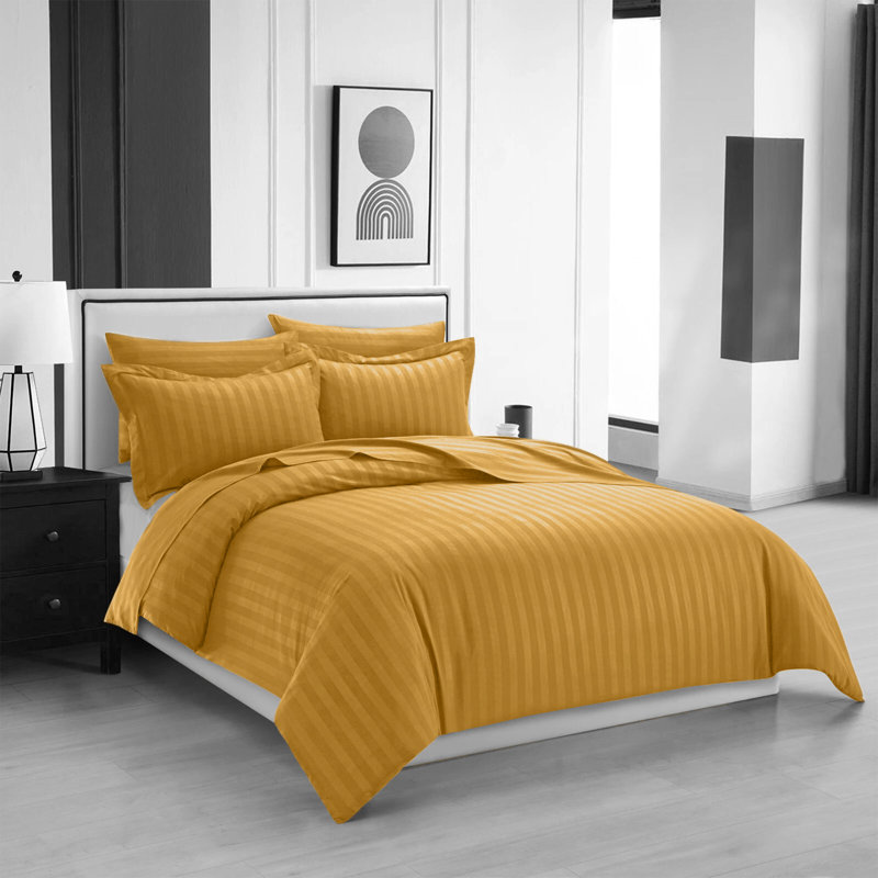 Microfiber Striped Duvet Cover Set with Pillowcases, Ochre Striped, Double Duvet Cover Set + 2 Standard Pillowcases