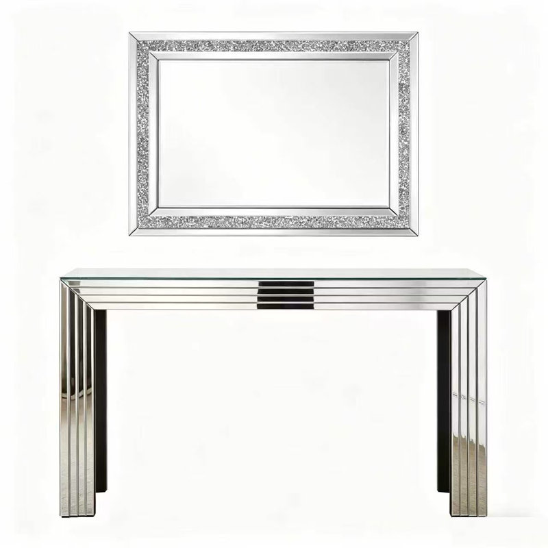 Glam Mirrored Console Table & Crushed Diamond Accent Wall Mirror Set Modern Glam Stylish
