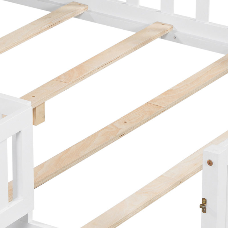 Full-Size Montessori Floor Bed With Bookcases And Blackboards, Versatile Platform Beds With Guard Rails, Solid Wood Floor Beds With Storage Headboards, Floor Beds For Kids And Teens