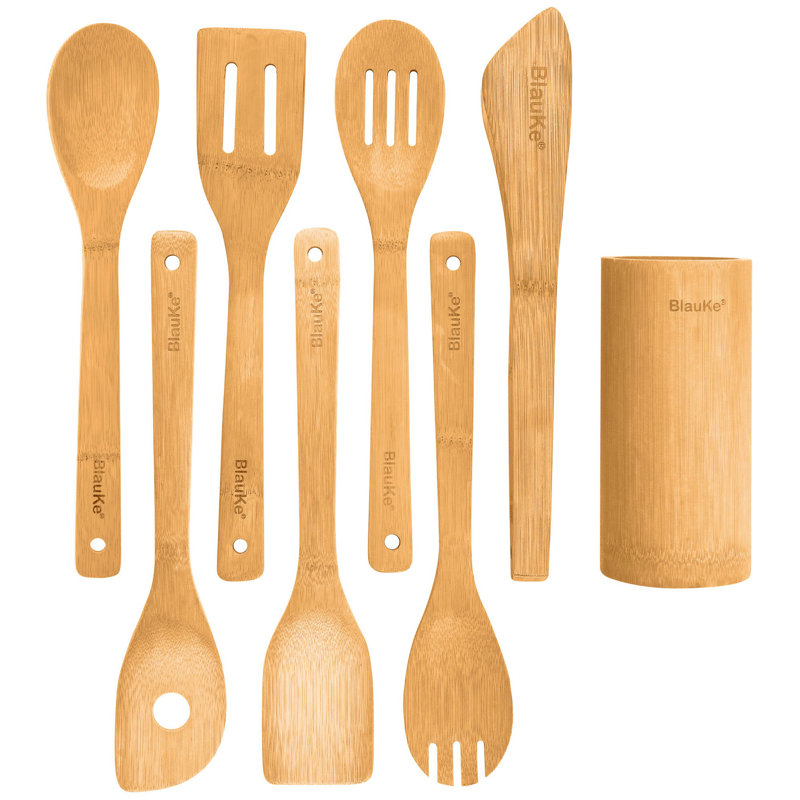  Wooden Kitchen Utensils Set of 8 - Non-Stick Bamboo Cooking Utensils - Wooden Spatulas, Wooden Spoons, Tong, Utensil Holder