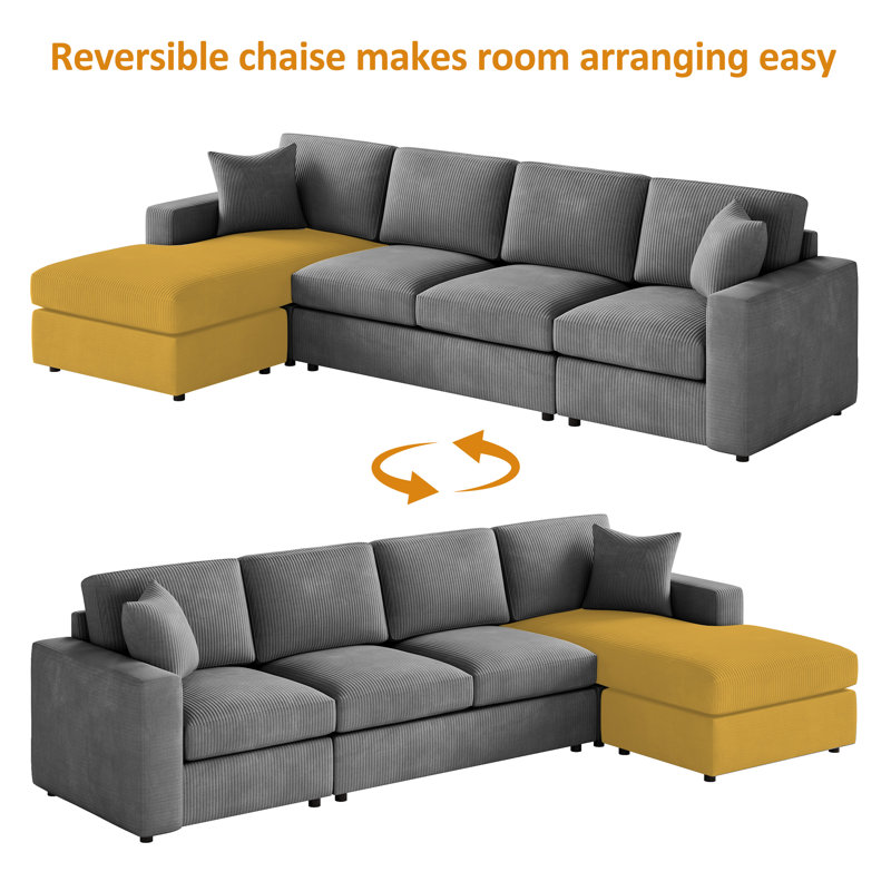 3 - Piece Corduroy Upholstered L-Shaped Sectional, Gray Corduroy
