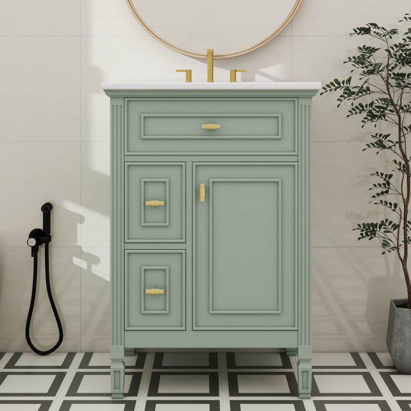 Meuble-lavabo de 24 po avec lavabo, comprenant un tiroir rabattable et deux tiroirs standard, tablette réglable, Vert