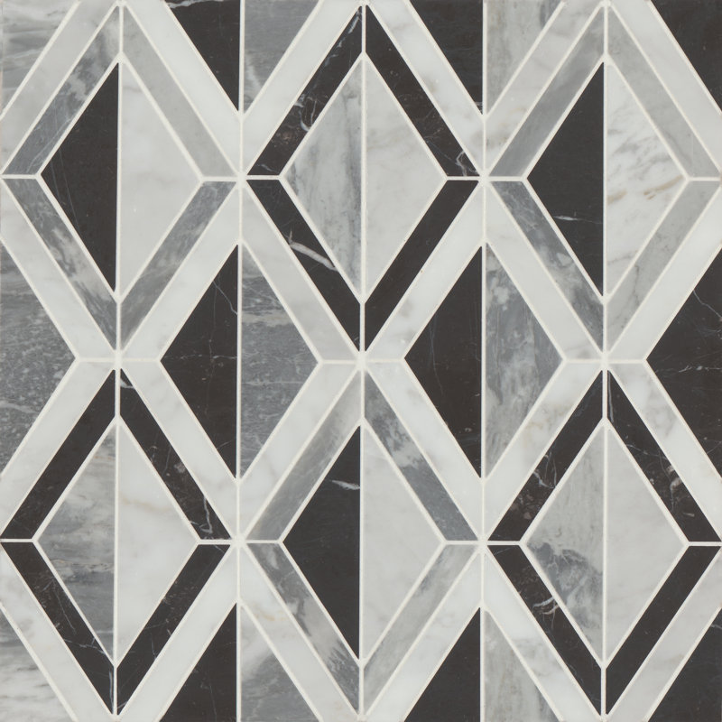 Carreau de mosaïque en marbre Modni Arlo, Blanc Carrara / Nero Marquina / Bardiglio Nuvolato