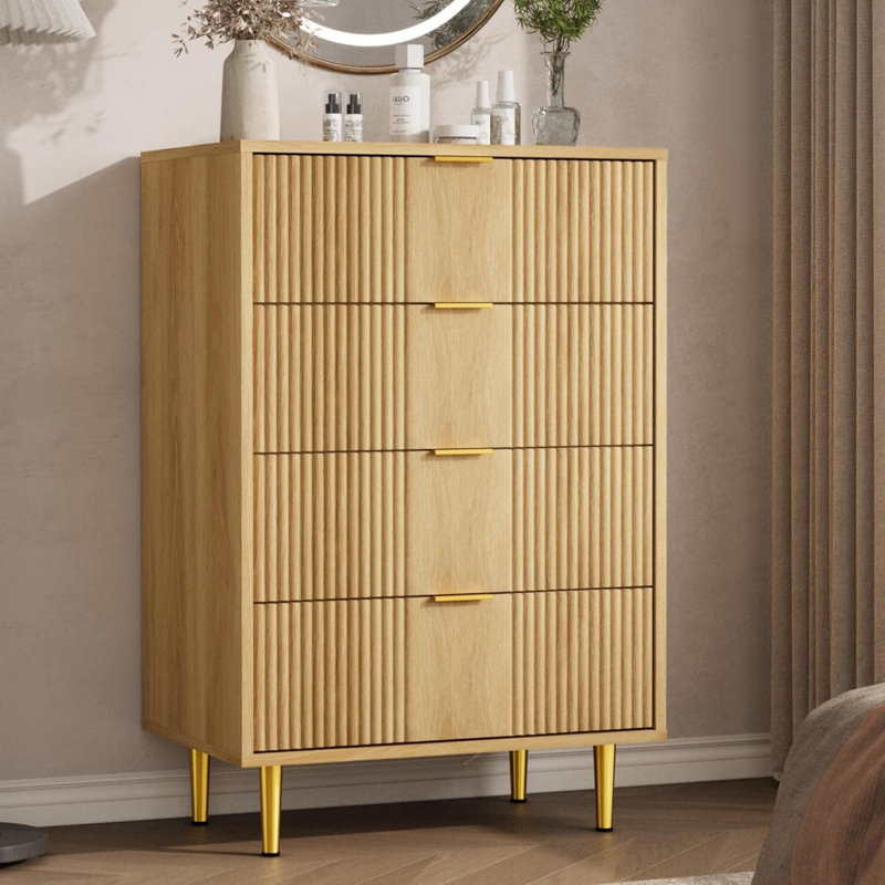 Fluted Dresser for Bedroom, Wooden Closet Clothes Storage Organizer for Living Room, Hallway, Natural Oak/4 Drawers