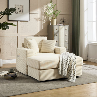 Velours côtelé en velours côtelé, sac de magasinage long, coussins amovibles, porte-gobelets doubles, siège doux et confortable, matériau de haute qualité, style minimaliste moderne, ton beige, assemblage simple