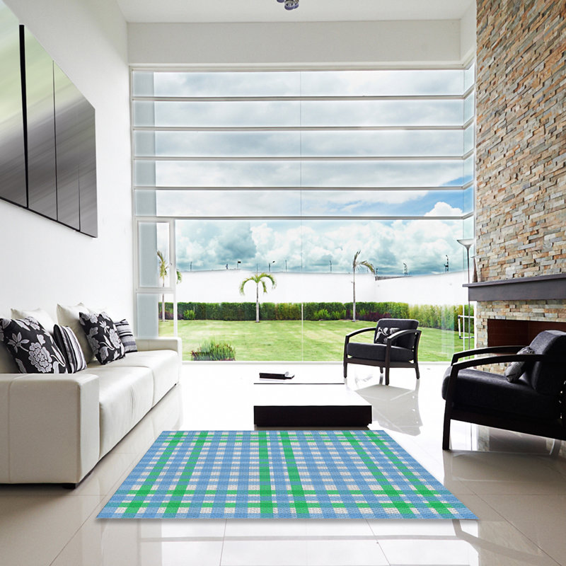 Tapis bleu/vert à motifs, Carré 4 pi